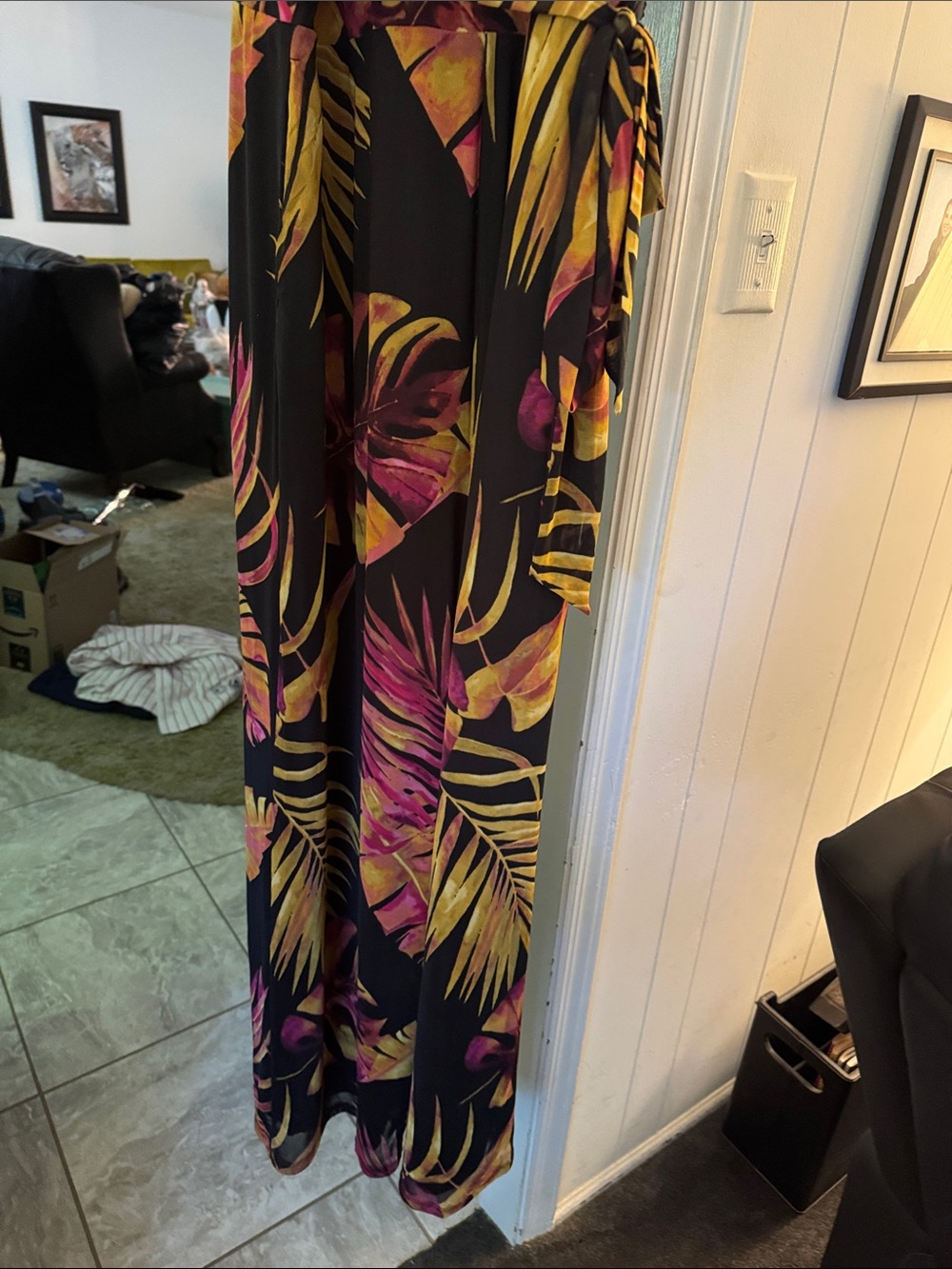 Attitudes by Renee Tropical jumpsuit- Black with Yellow & Magenta Leaf Print - Picture 2 of 6